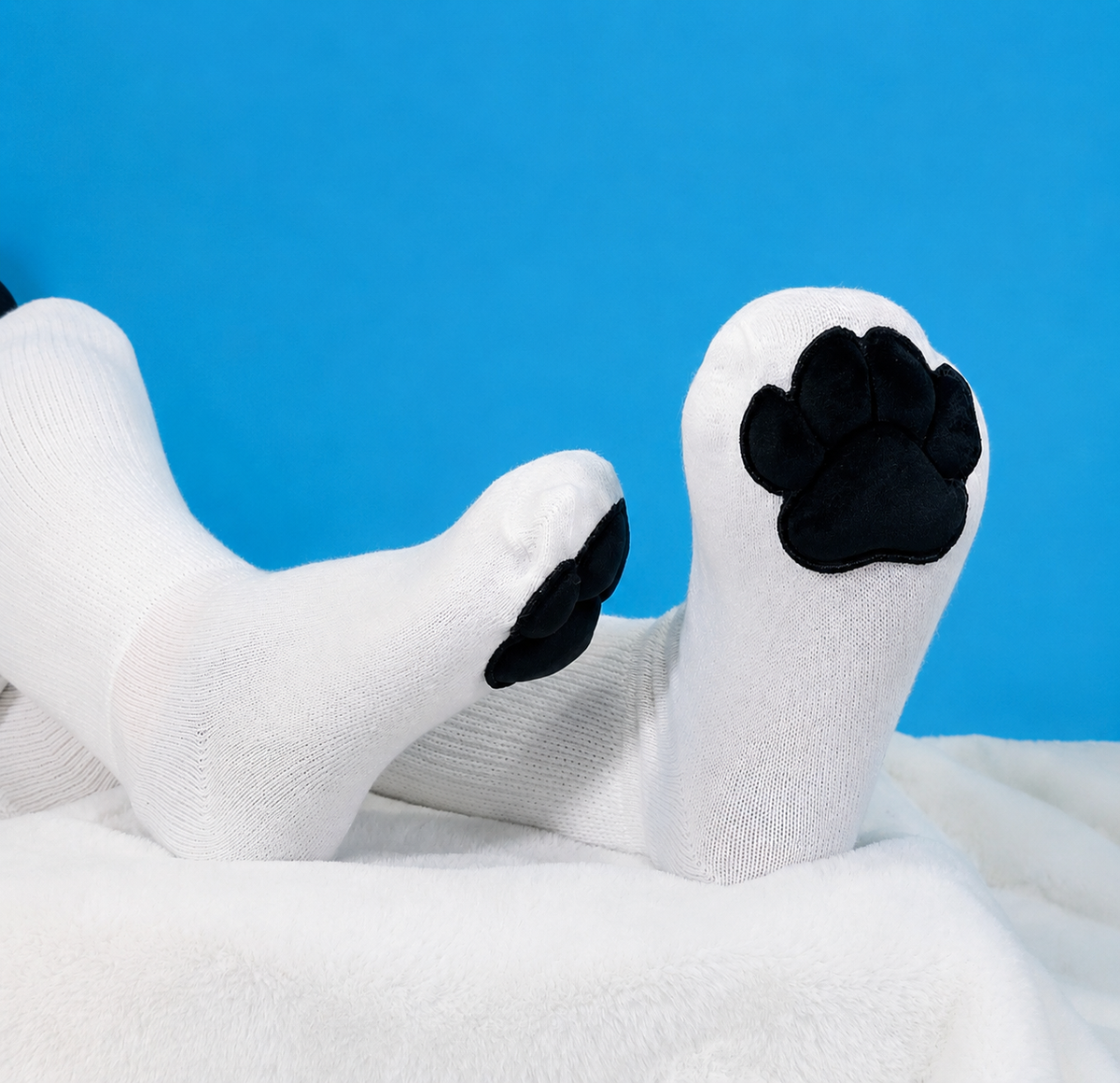 Paw Socks & Glove Set– Black Plush Paw Pads on White Thigh Highs
