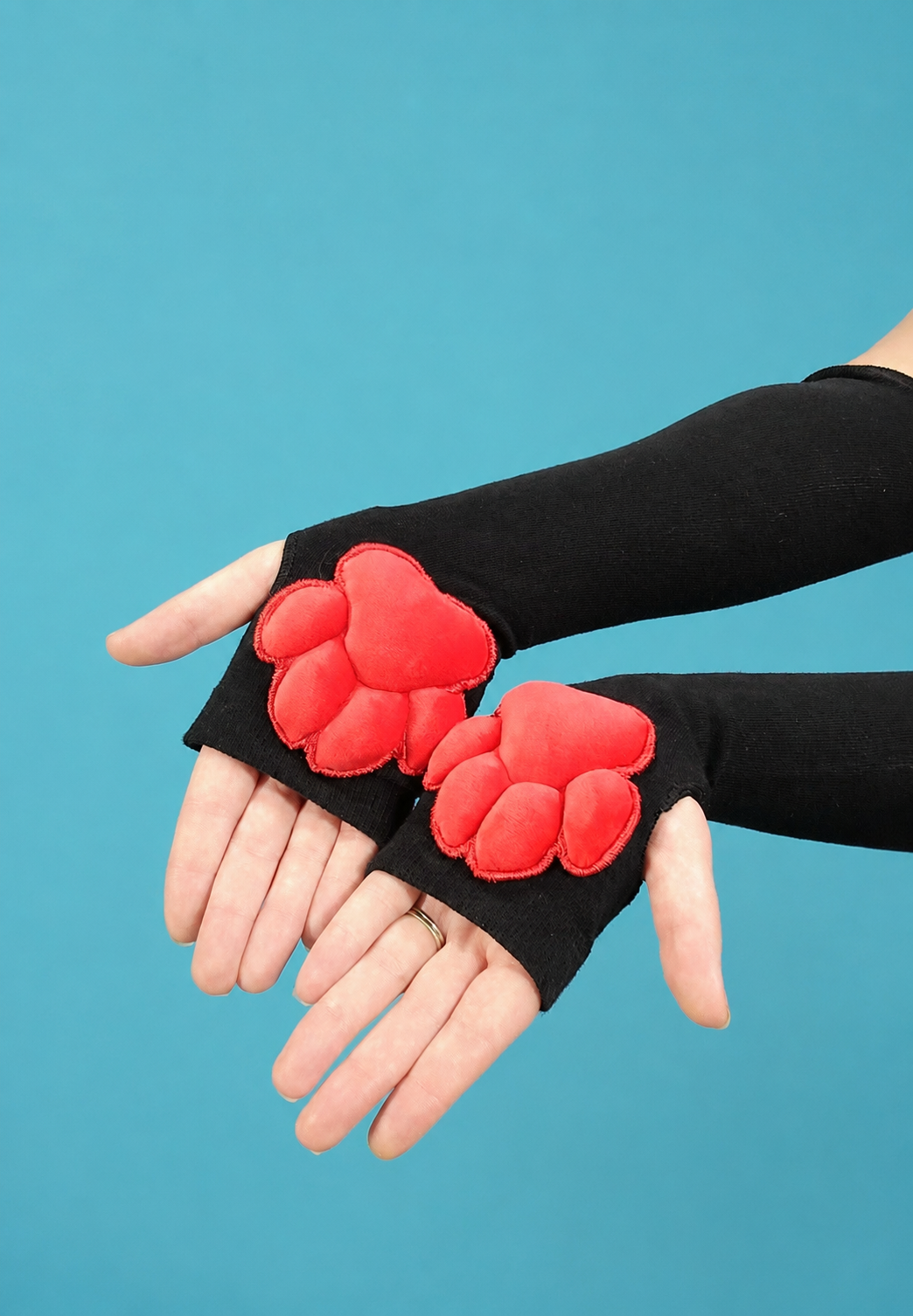 Red Mochi Stuffed Cat Puffy Pawpad Bean on Black Fingerless Gloves