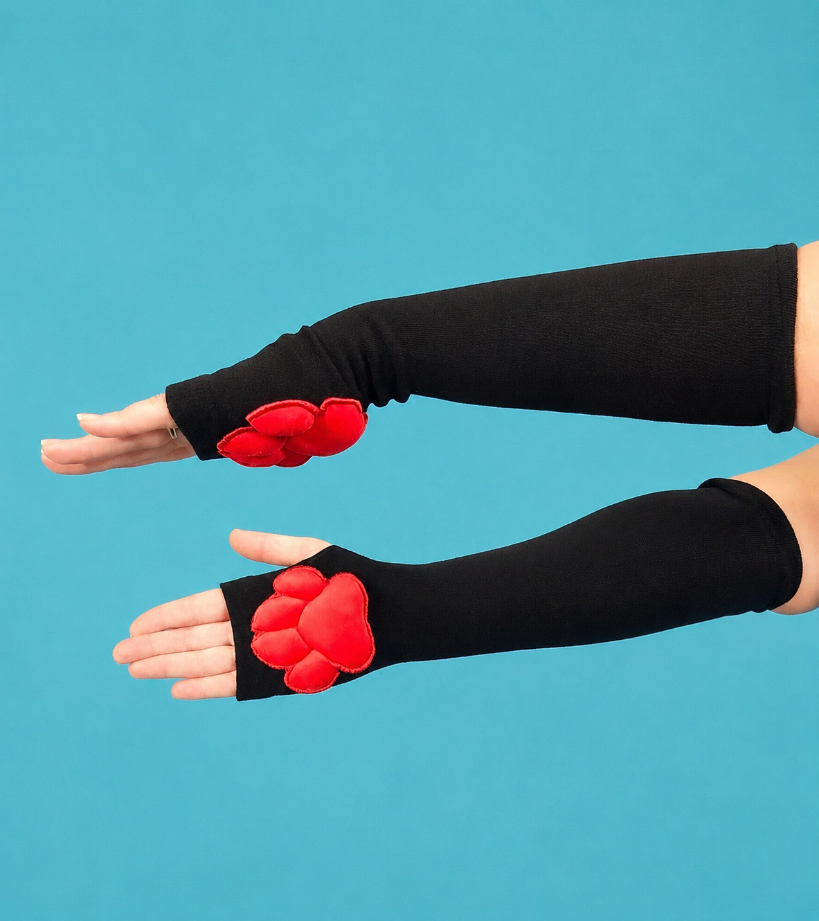 Red Mochi Stuffed Cat Puffy Pawpad Bean on Black Fingerless Gloves