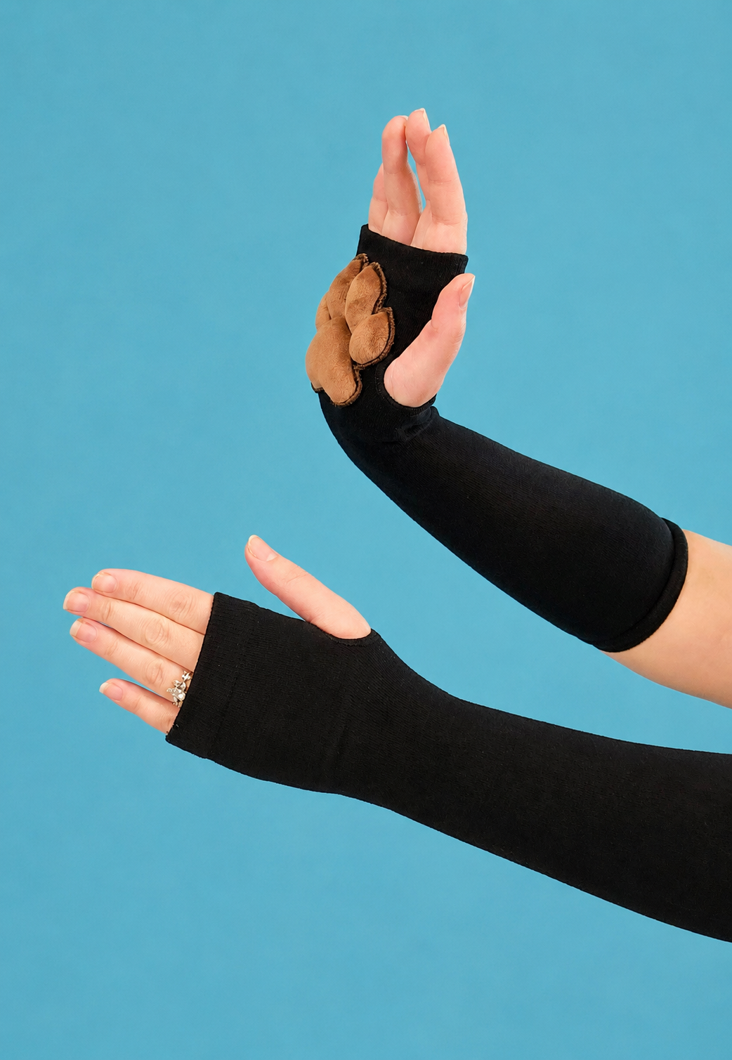 Brown Mochi Stuffed Cat Plush Pawpads on Black Fingerless Gloves