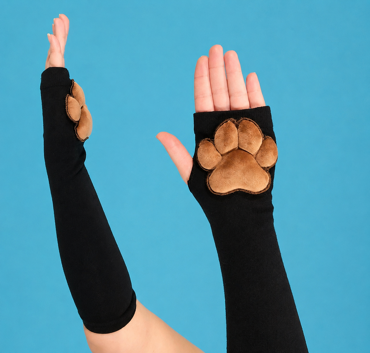 Brown Mochi Stuffed Cat Plush Pawpads on Black Fingerless Gloves