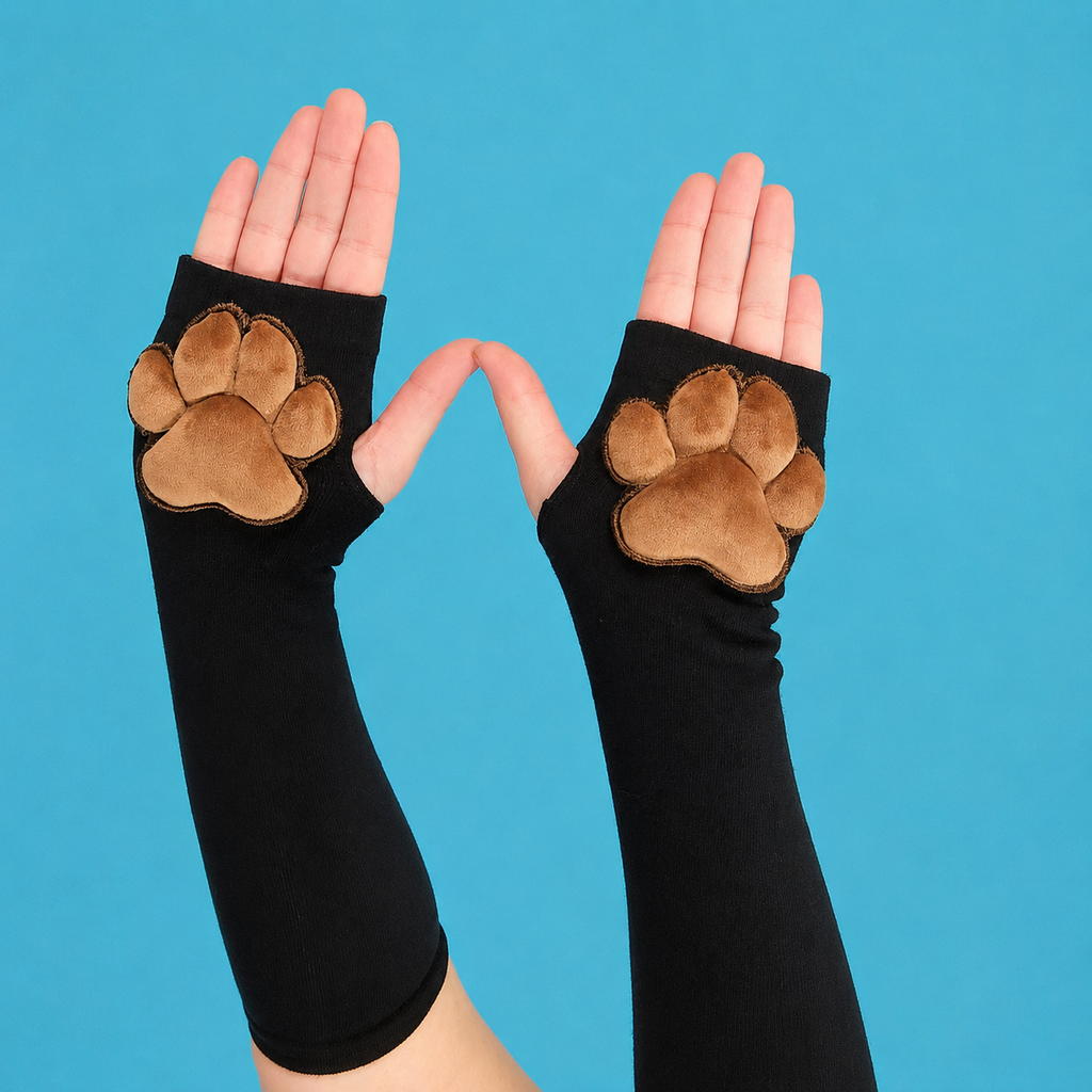 Brown Mochi Stuffed Cat Plush Pawpads on Black Fingerless Gloves