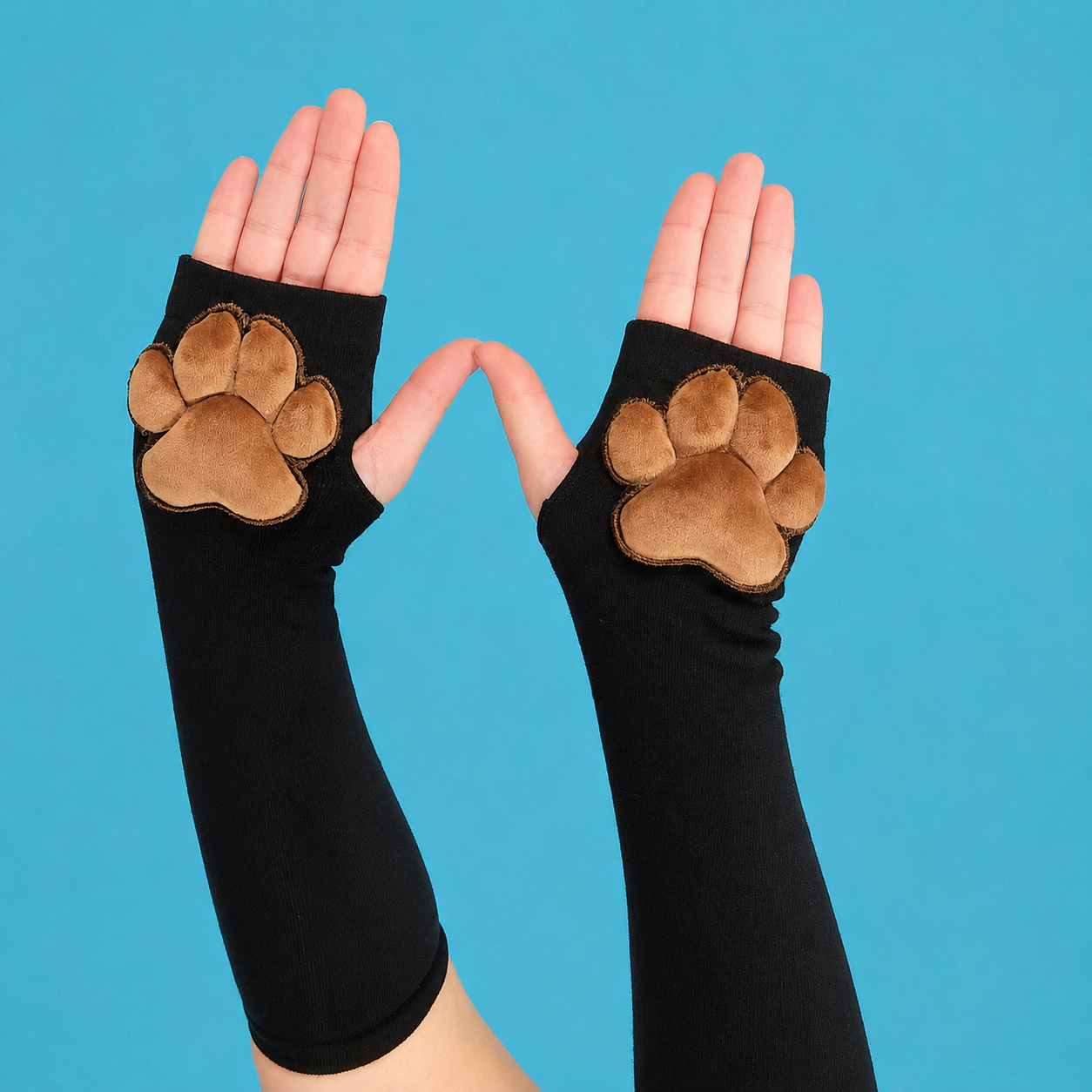 Brown Mochi Stuffed Cat Plush Pawpads on Black Fingerless Gloves