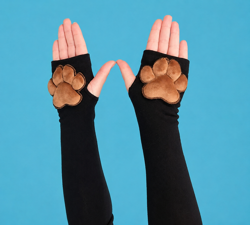 Brown Mochi Stuffed Cat Plush Pawpads on Black Fingerless Gloves
