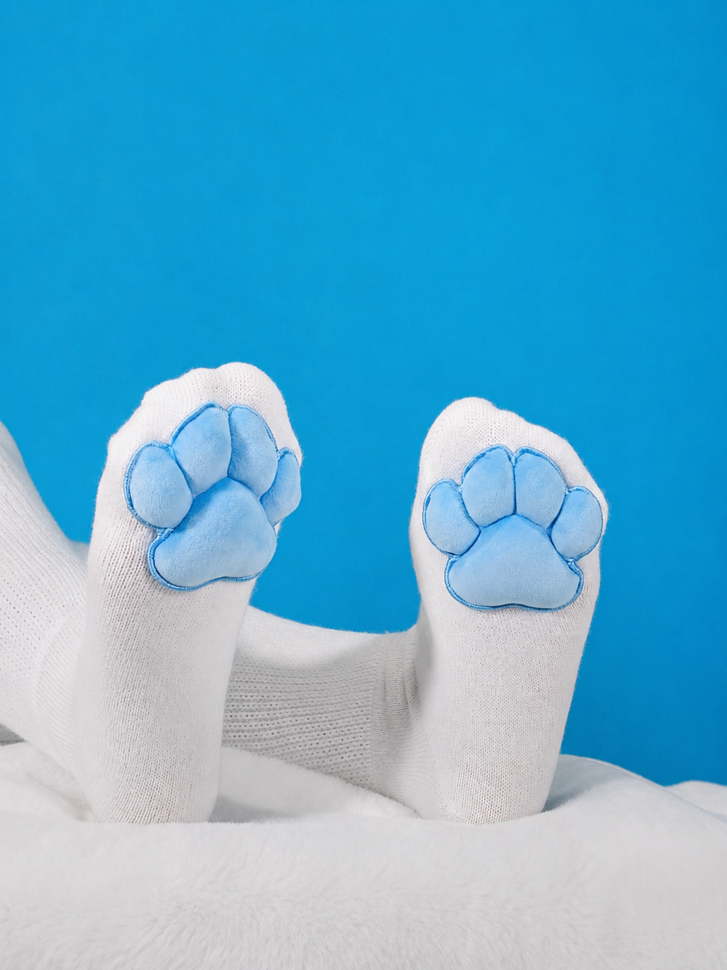 Plush Blue Mochi Paw Pads on White Thigh High Socks