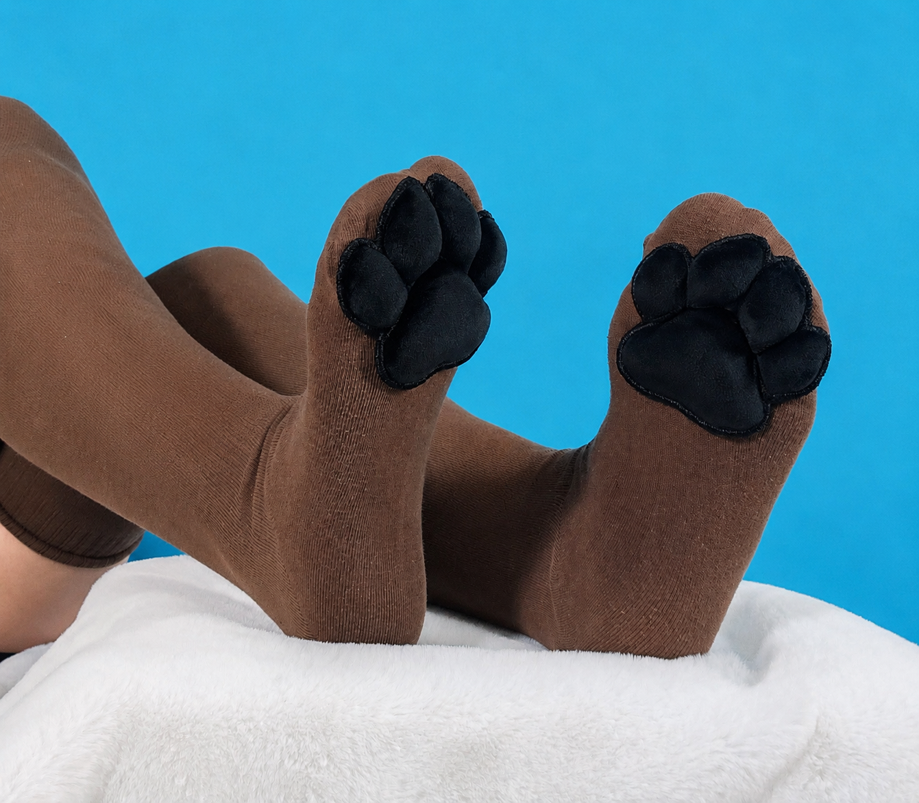 Black Plush Mochi Paw Pads on Brown Thigh High Socks