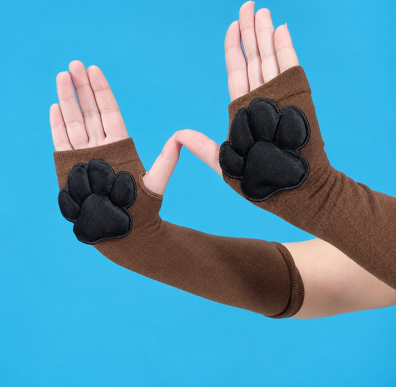 Black Mochi Stuffed Plush Pawpads on Brown Fingerless Gloves