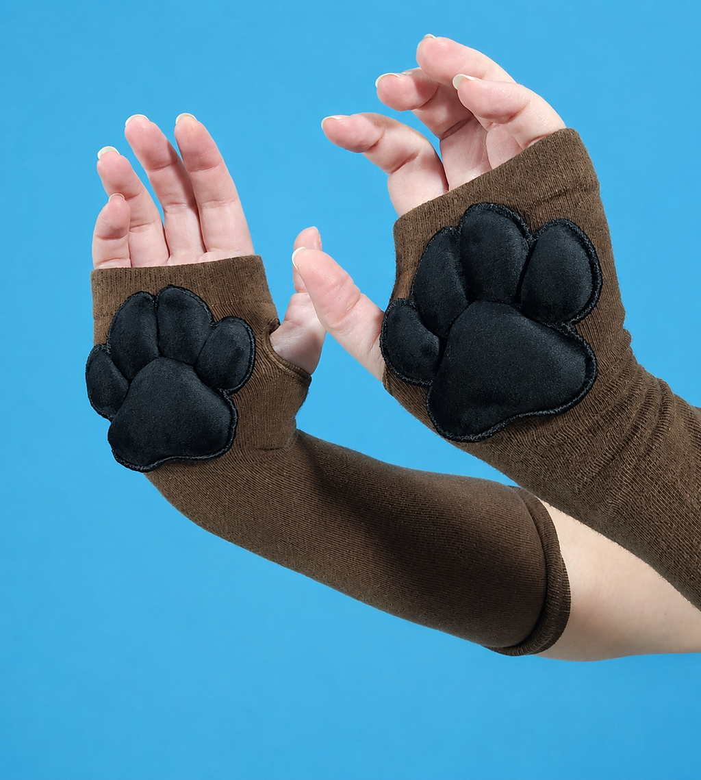Brown Thigh High Cat Paw Socks & Glove Set - Black Plush Paw Pads