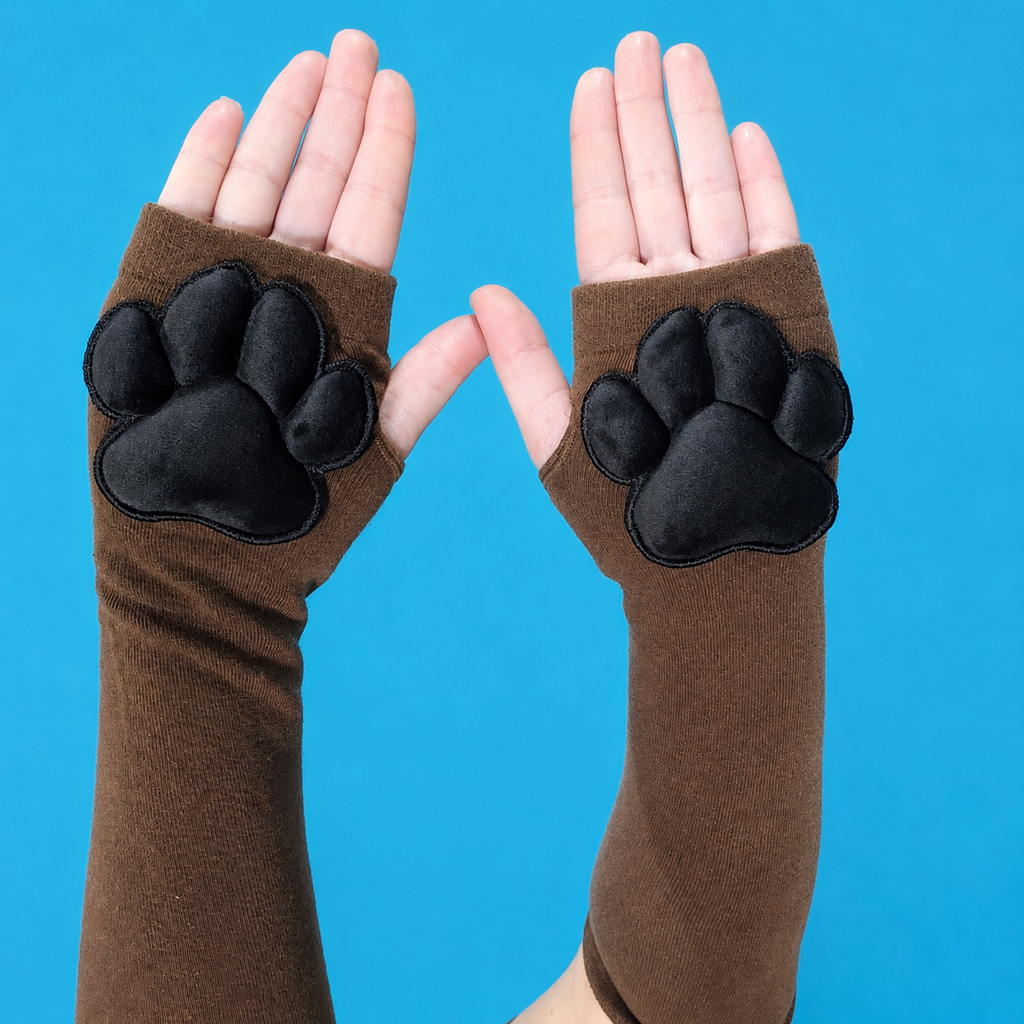 Brown Thigh High Cat Paw Socks & Glove Set - Black Plush Paw Pads