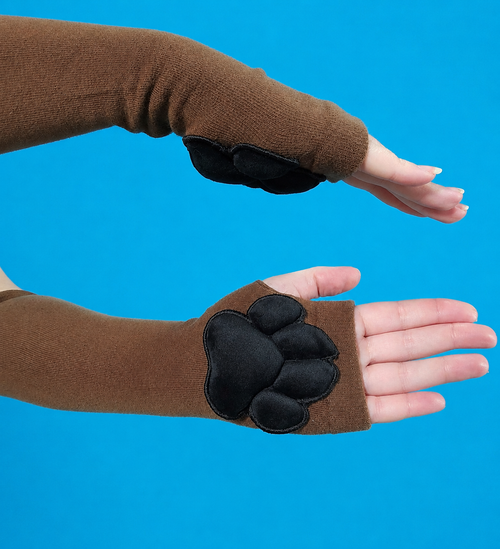 Black Mochi Stuffed Plush Pawpads on Brown Fingerless Gloves