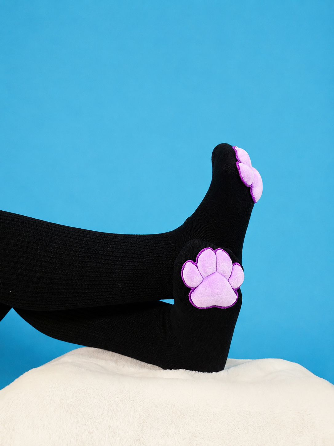 Plush Purple Mochi Paw Pad Socks Black Thigh Highs