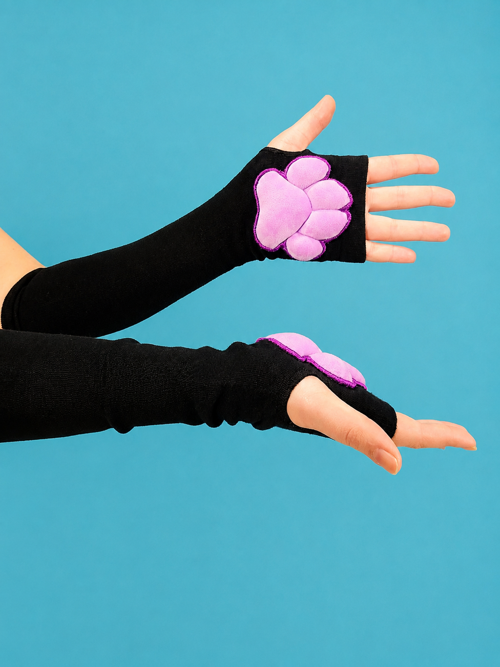 Bundle Black Gloves and Thigh High with Purple Plush Paw Pads