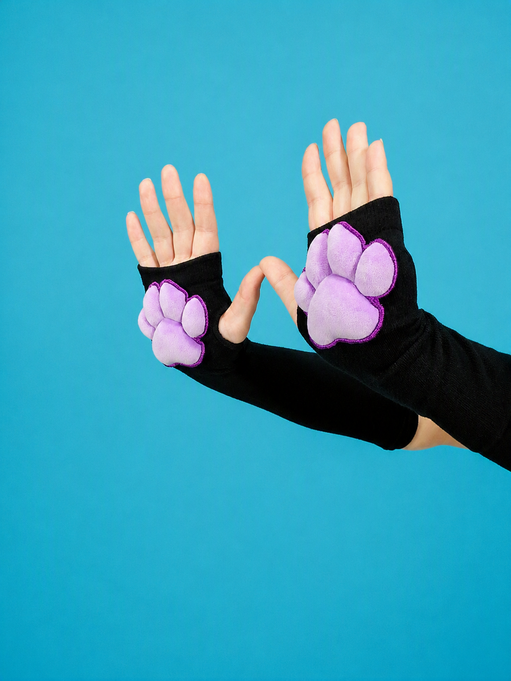 Bundle Black Gloves and Thigh High with Purple Plush Paw Pads