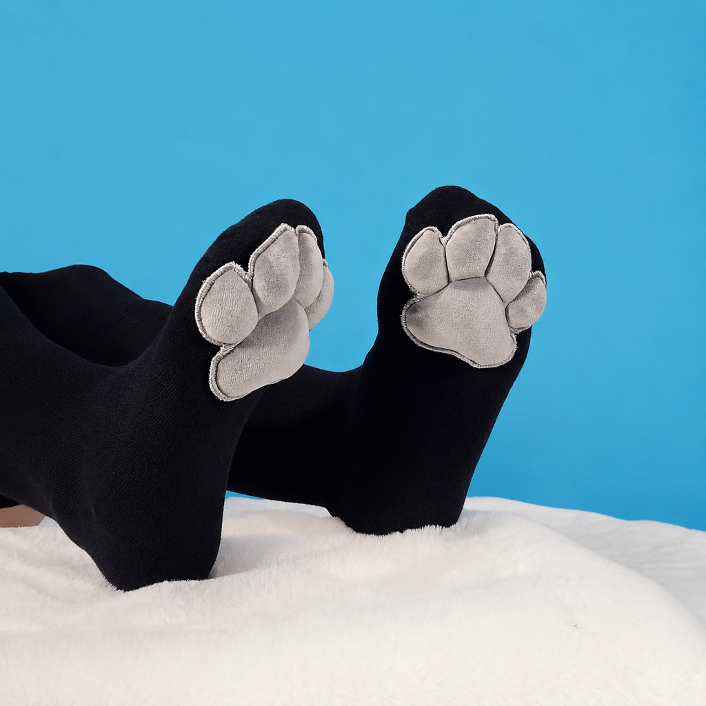 Plush Mochi Paw Socks - Grey with Black Thigh Highs