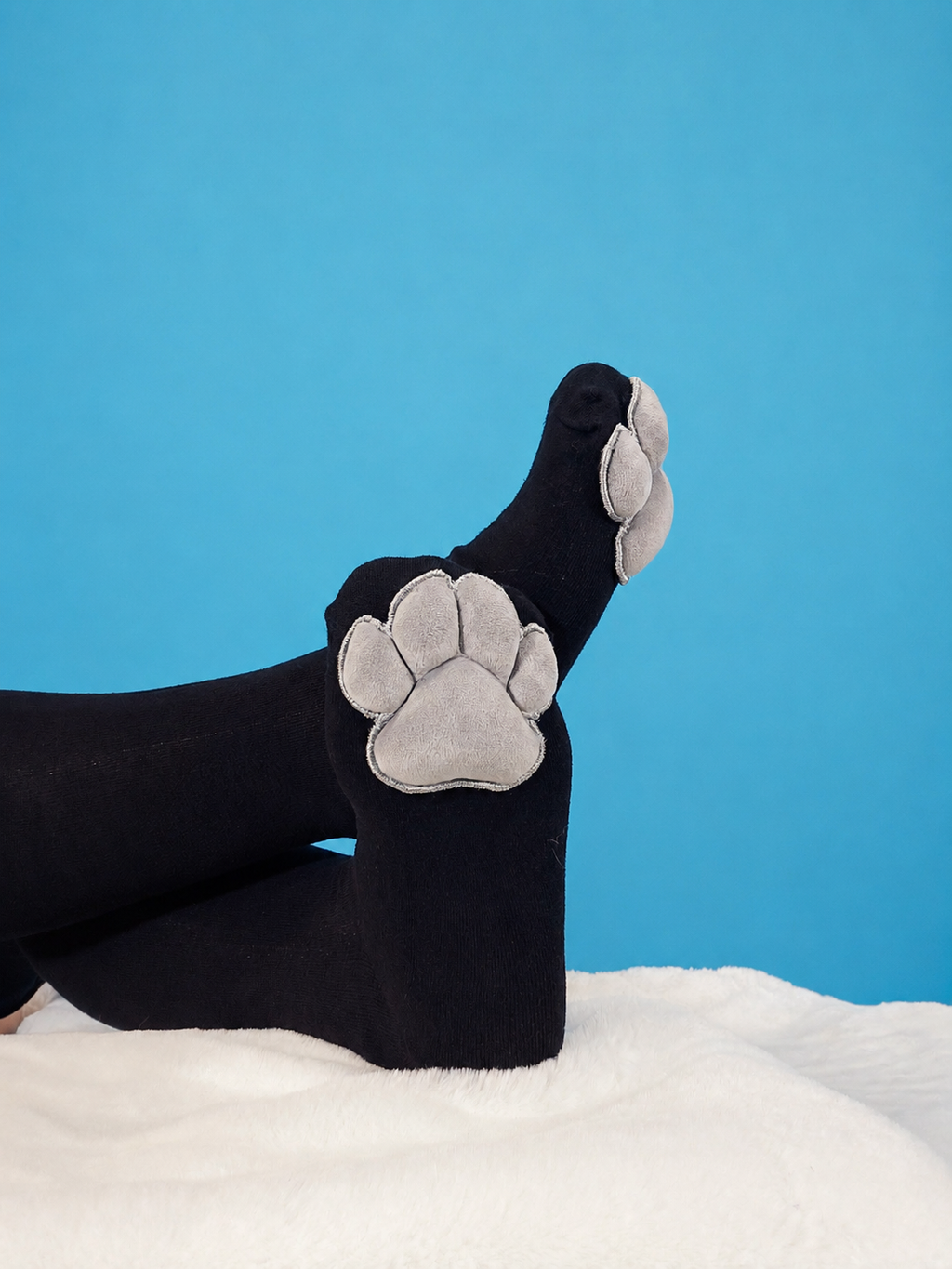 Plush Mochi Paw Socks - Grey with Black Thigh Highs