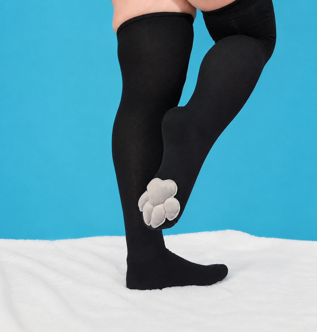 Plush Mochi Paw Socks - Grey with Black Thigh Highs