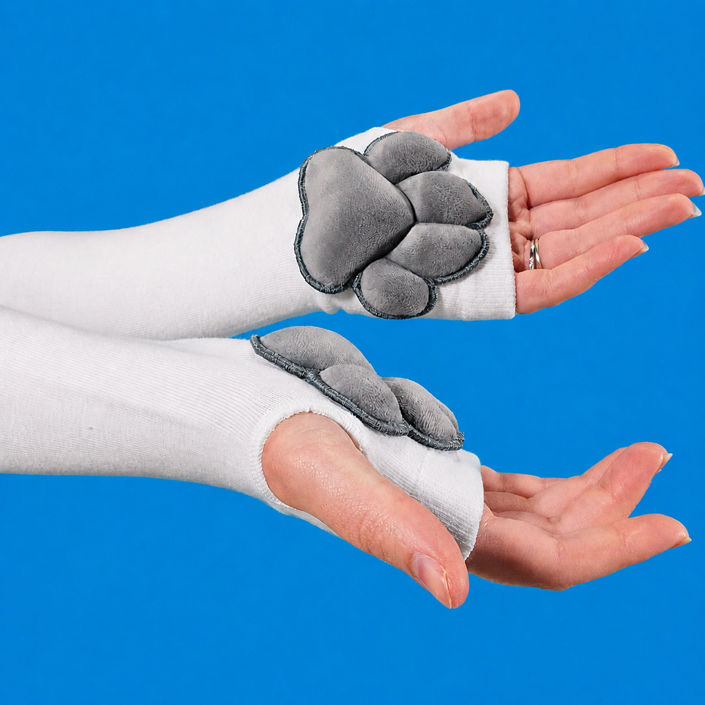 White Thigh High Cat Paw Socks & Glove Set– Grey Plush Paw Pads