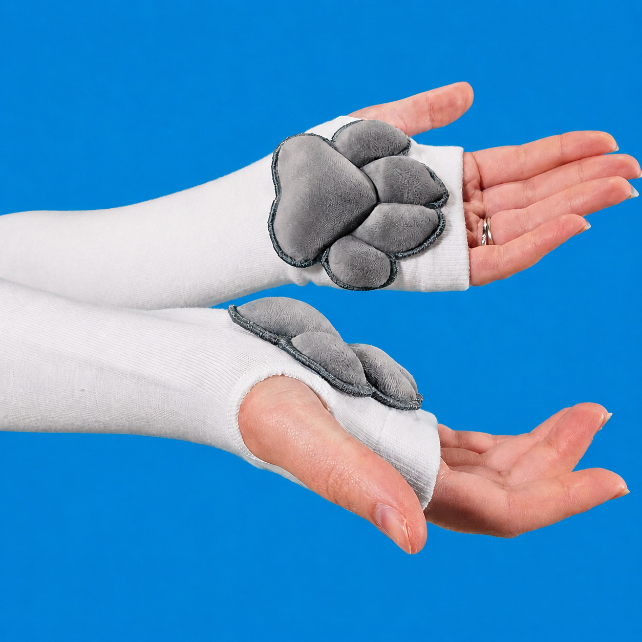 White Thigh High Cat Paw Socks & Glove Set– Grey Plush Paw Pads