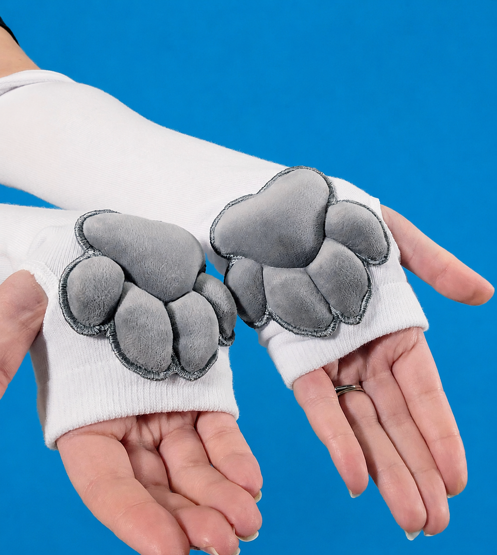 White Thigh High Cat Paw Socks & Glove Set– Grey Plush Paw Pads