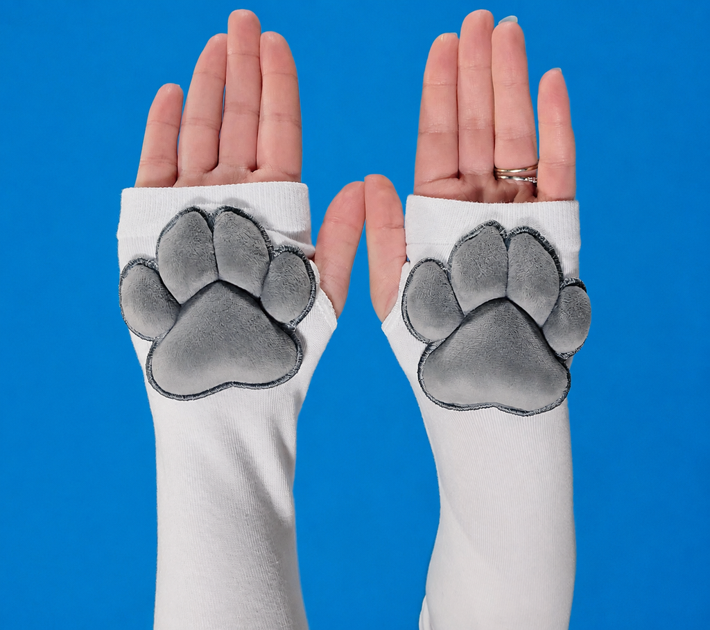 White Thigh High Cat Paw Socks & Glove Set– Grey Plush Paw Pads