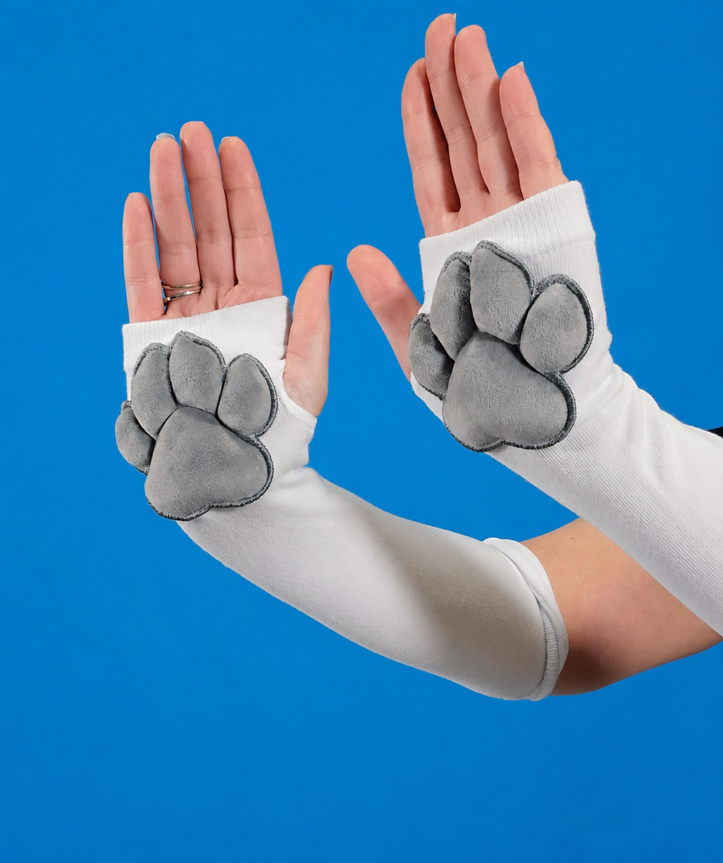 White Thigh High Cat Paw Socks & Glove Set– Grey Plush Paw Pads