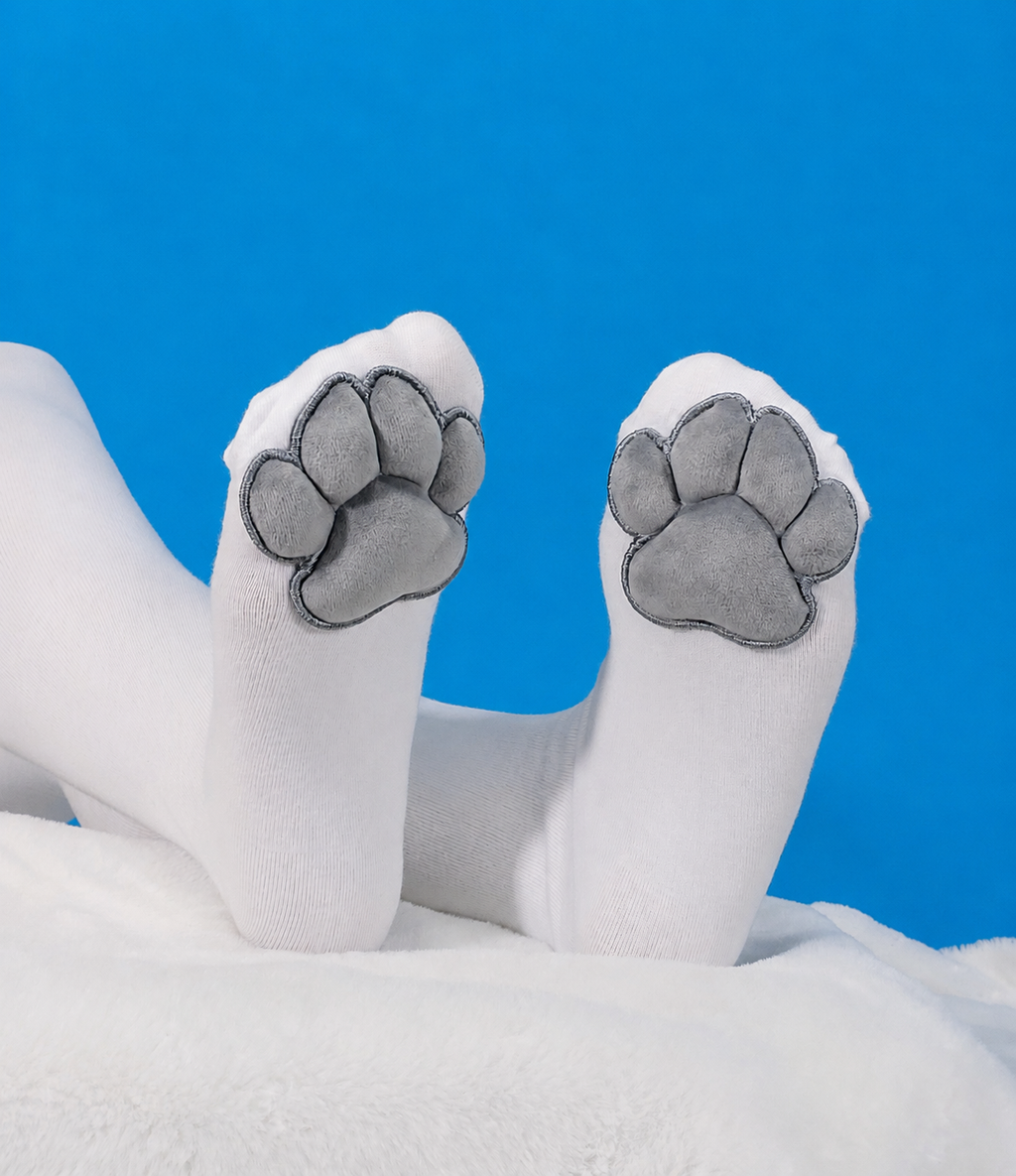 Puffy Grey Mochi Cat Paw Pad Style Bean with White Thigh High Stockings
