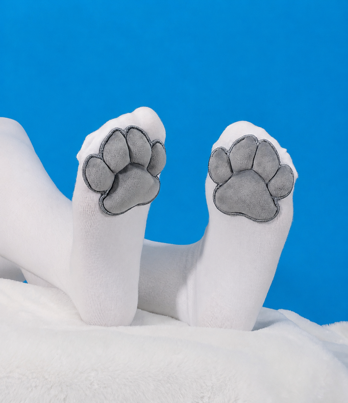 White Thigh High Cat Paw Socks & Glove Set– Grey Plush Paw Pads