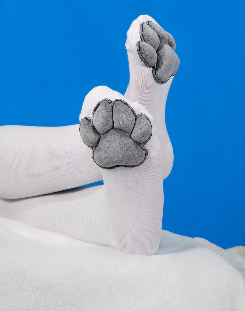 Puffy Grey Mochi Cat Paw Pad Style Bean with White Thigh High Stockings