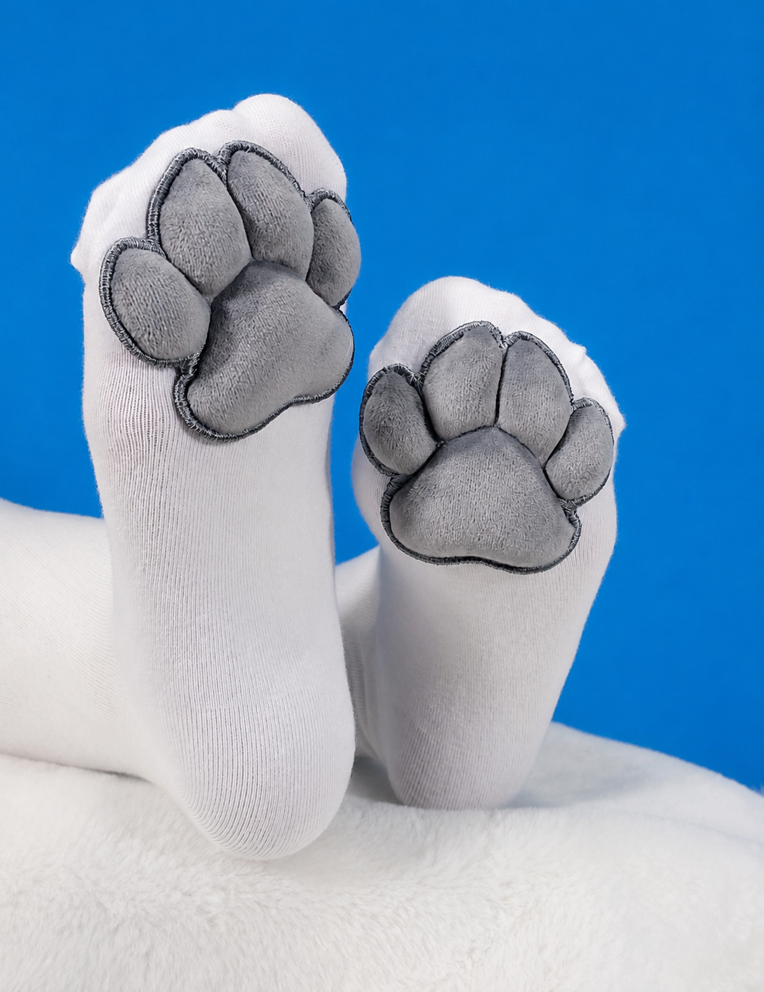 Puffy Grey Mochi Cat Paw Pad Style Bean with White Thigh High Stockings