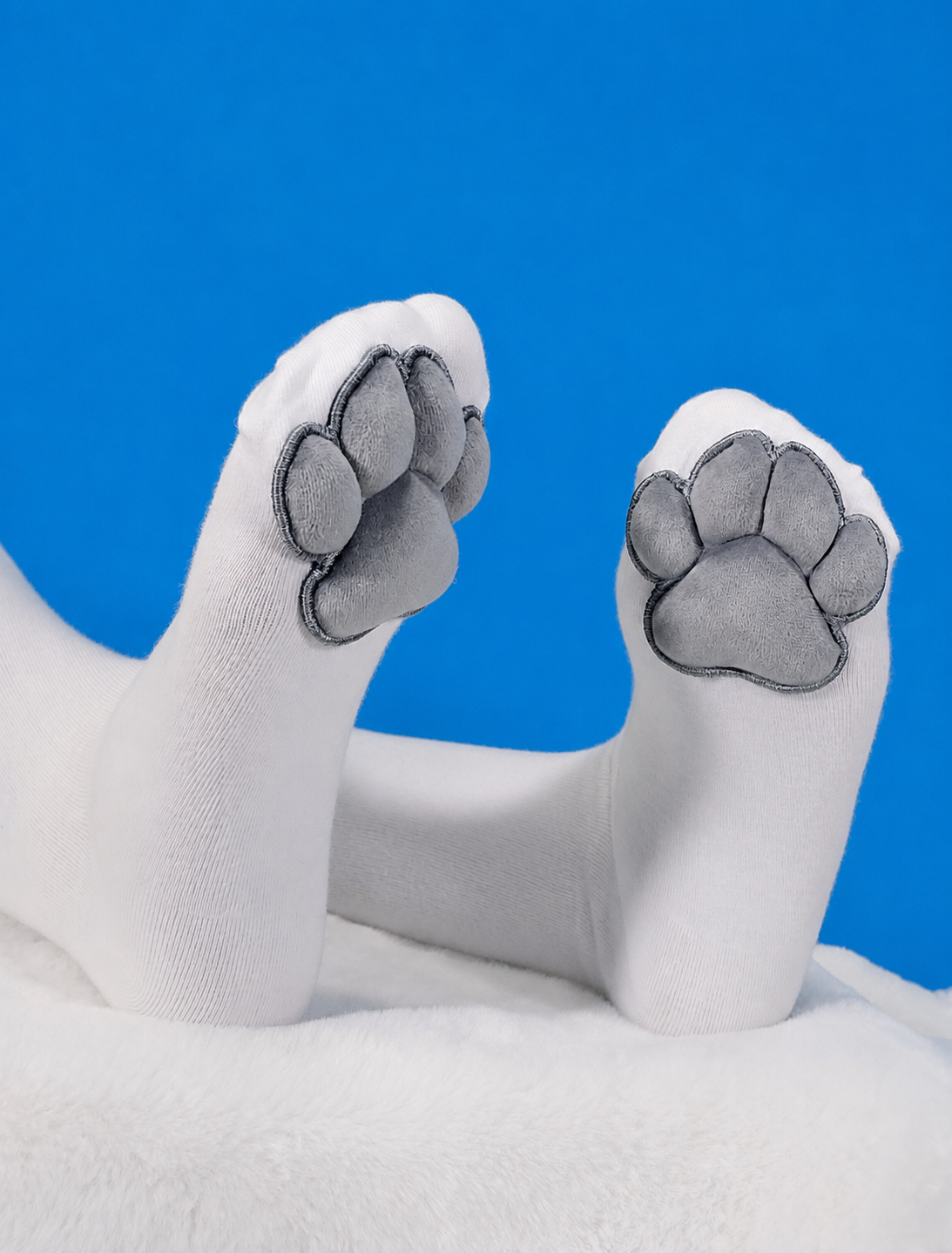 White Thigh High Cat Paw Socks & Glove Set– Grey Plush Paw Pads