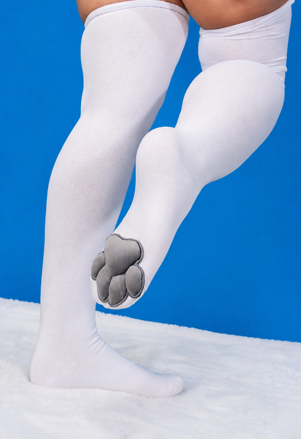 White Thigh High Cat Paw Socks & Glove Set– Grey Plush Paw Pads