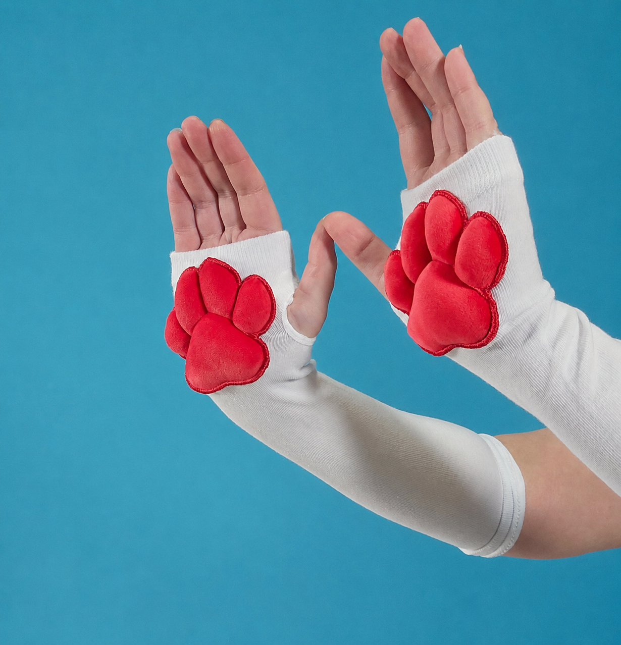 Red Mochi Stuffed Paw Pad White Gloves Plush Fingerless
