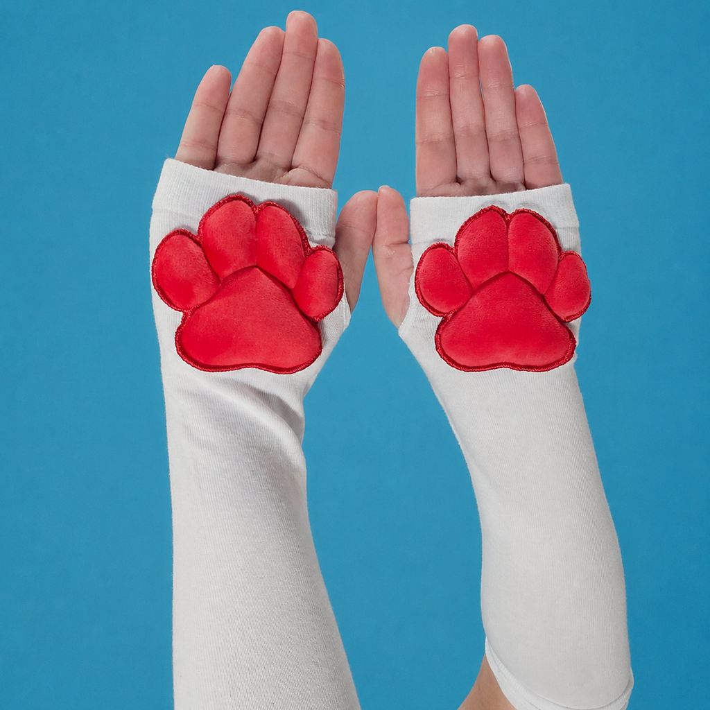 Red Mochi Stuffed Paw Pad White Gloves Plush Fingerless