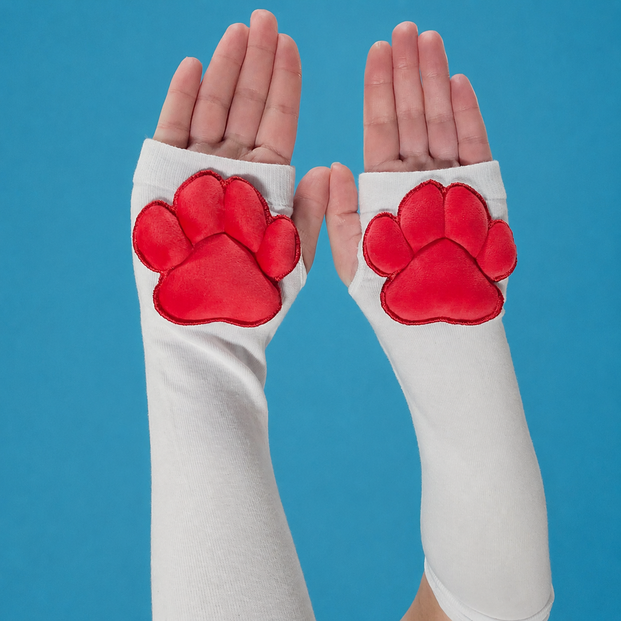 Red Mochi Stuffed Paw Pad White Gloves Plush Fingerless