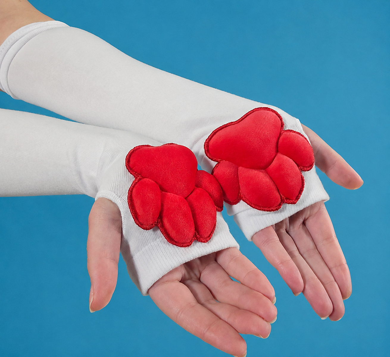 Red Mochi Stuffed Paw Pad White Gloves Plush Fingerless