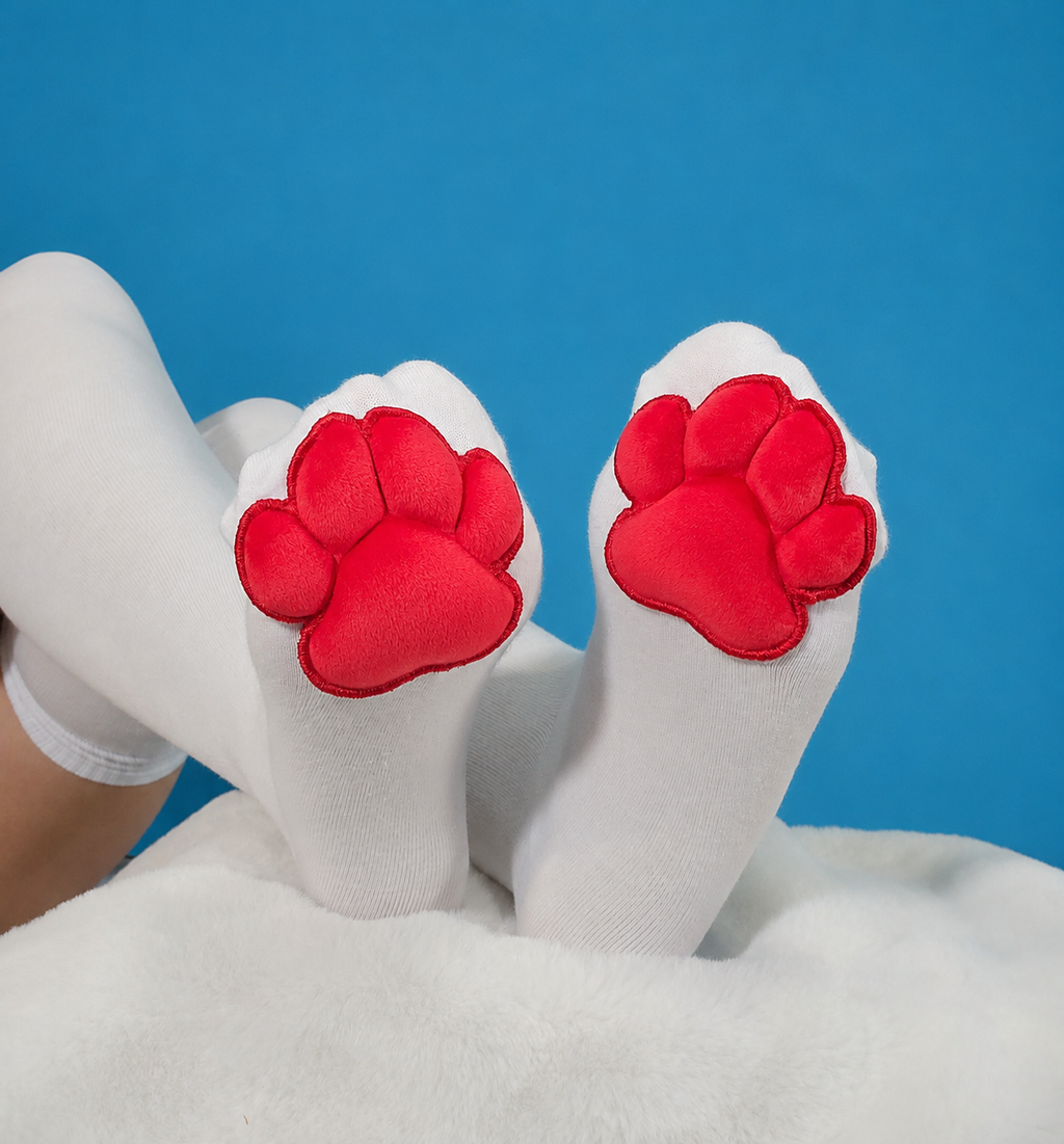 Red Mochi Stuffed Cat Paw Pad on White Thigh High Socks for Cosplay