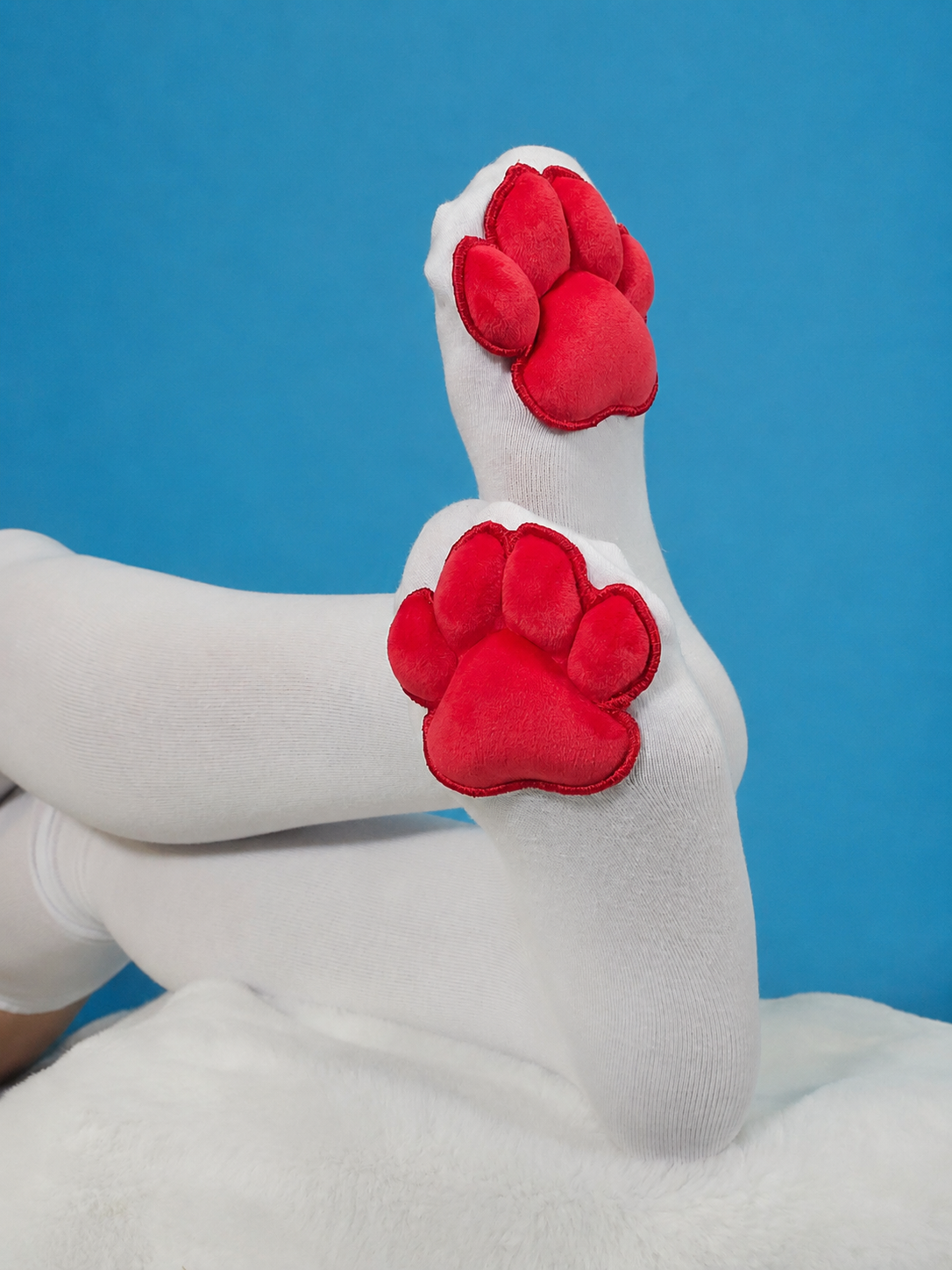 Red Mochi Stuffed Cat Paw Pad on White Thigh High Socks for Cosplay
