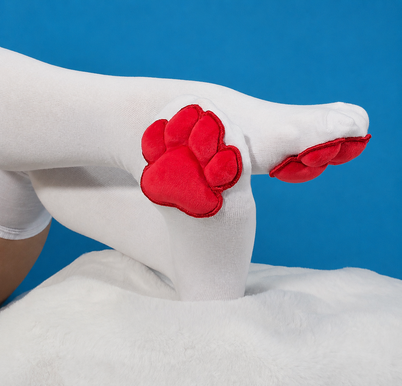 Red Mochi Stuffed Cat Paw Pad on White Thigh High Socks for Cosplay