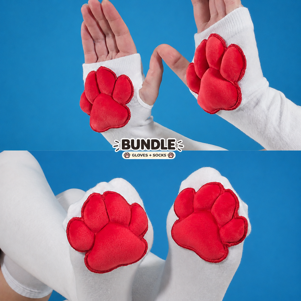 Paw Socks & Glove Set– Red Plush Paw Pads on White Thigh Highs