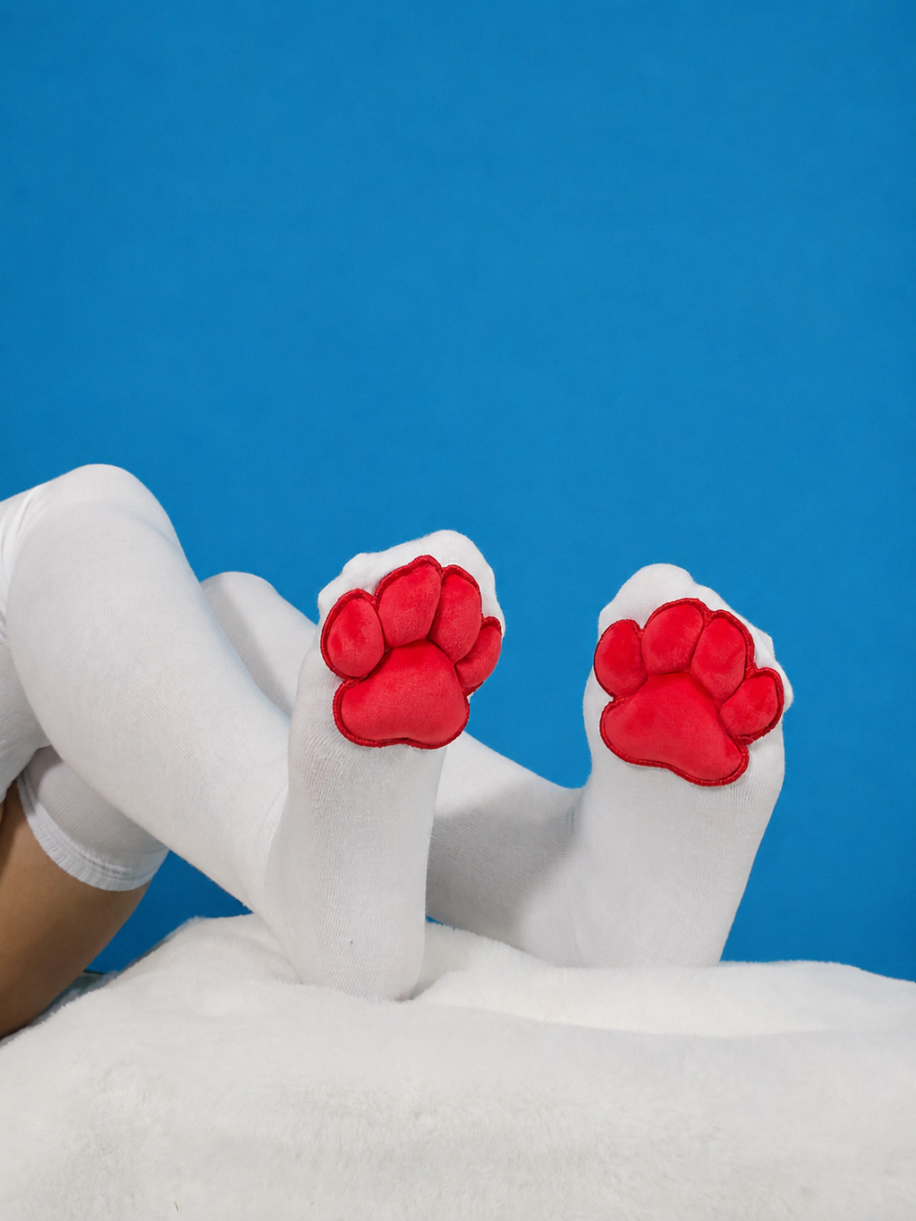 Red Mochi Stuffed Cat Paw Pad on White Thigh High Socks for Cosplay