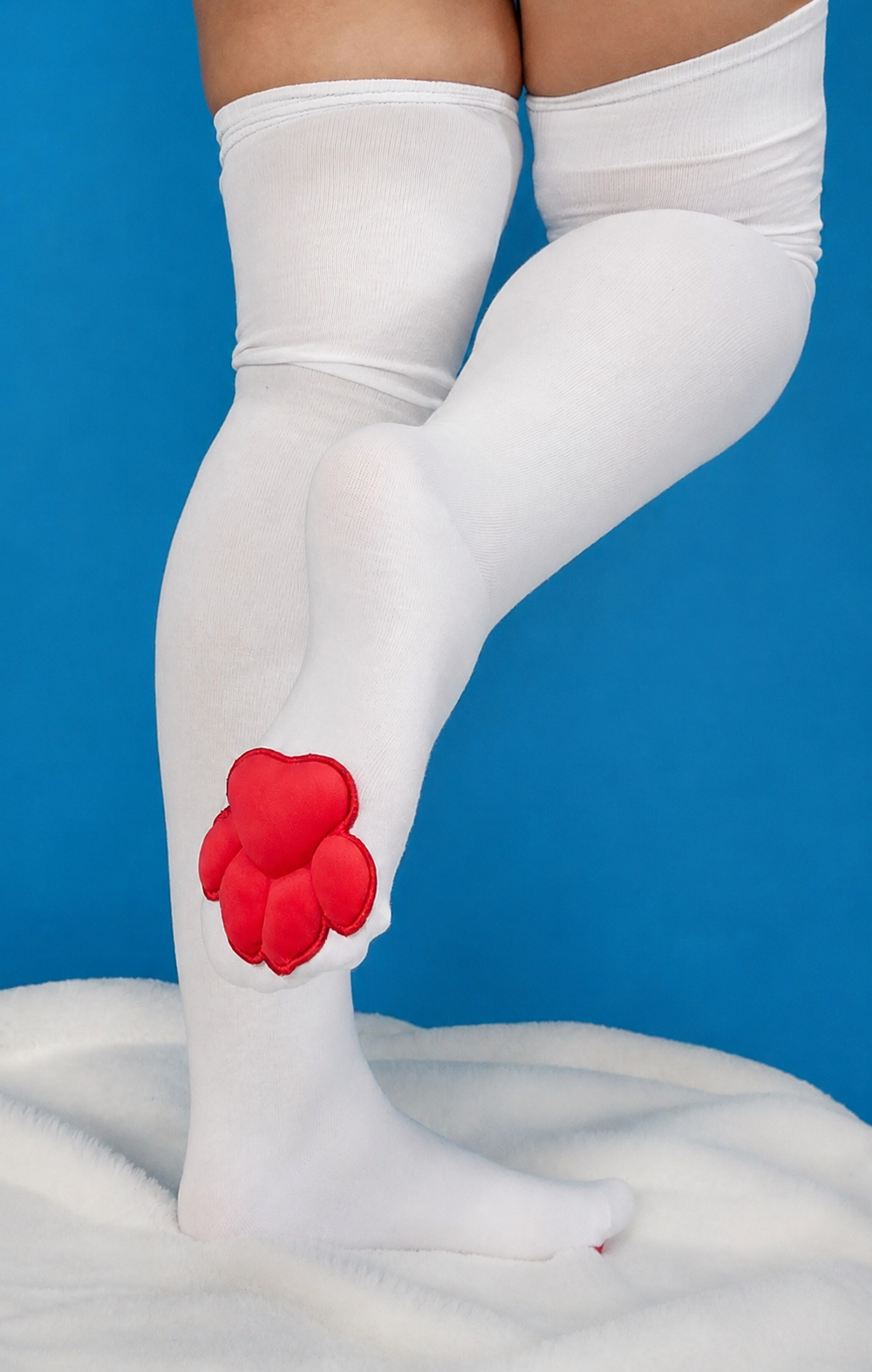 Red Mochi Stuffed Cat Paw Pad on White Thigh High Socks for Cosplay