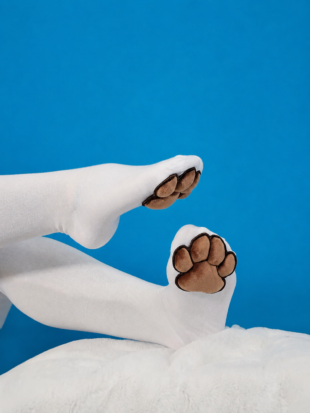 Plush Brown Mochi Paw Pad Beans on White Thigh High Stockings