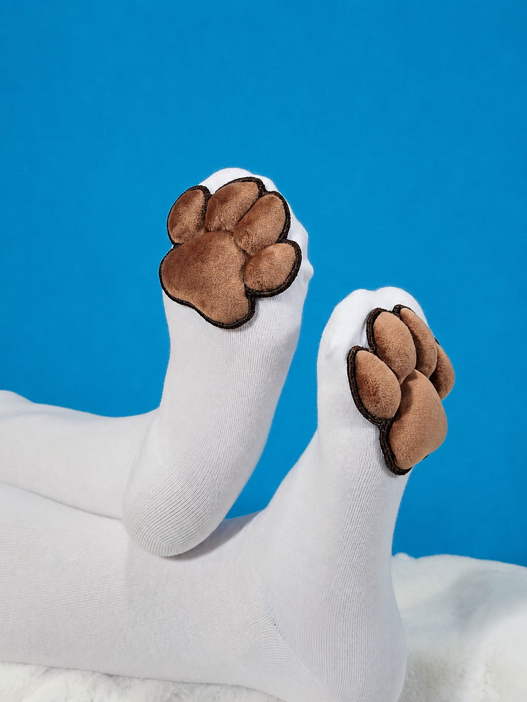 BUNDLE - White Gloves and Thigh High Socks with Brown Plush Bean Cat Paw Pads