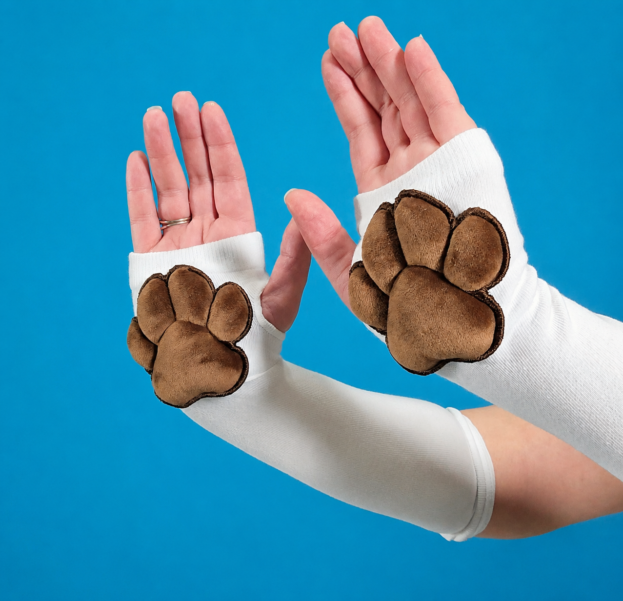 BUNDLE - White Gloves and Thigh High Socks with Brown Plush Bean Cat Paw Pads
