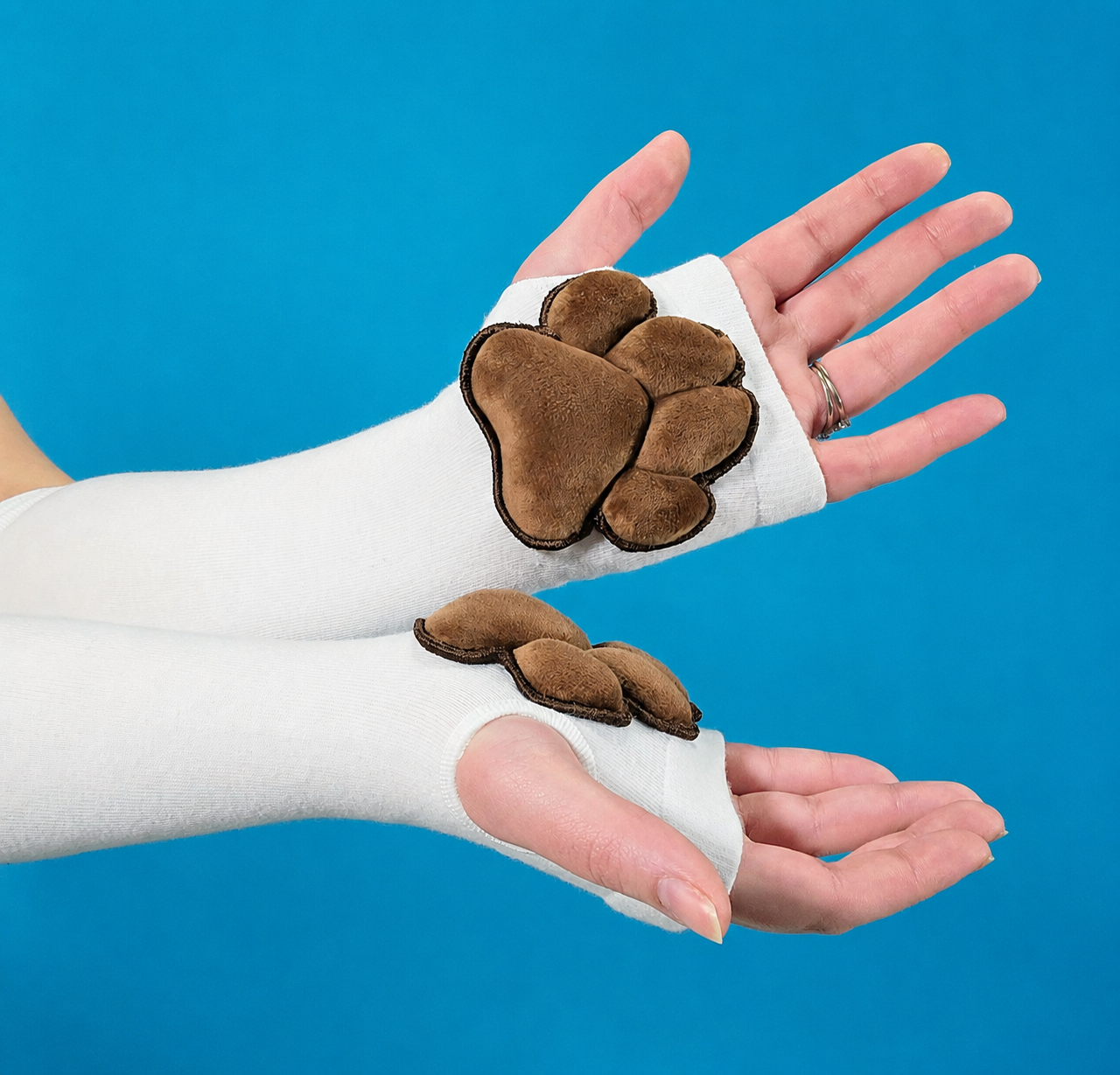 BUNDLE - White Gloves and Thigh High Socks with Brown Plush Bean Cat Paw Pads