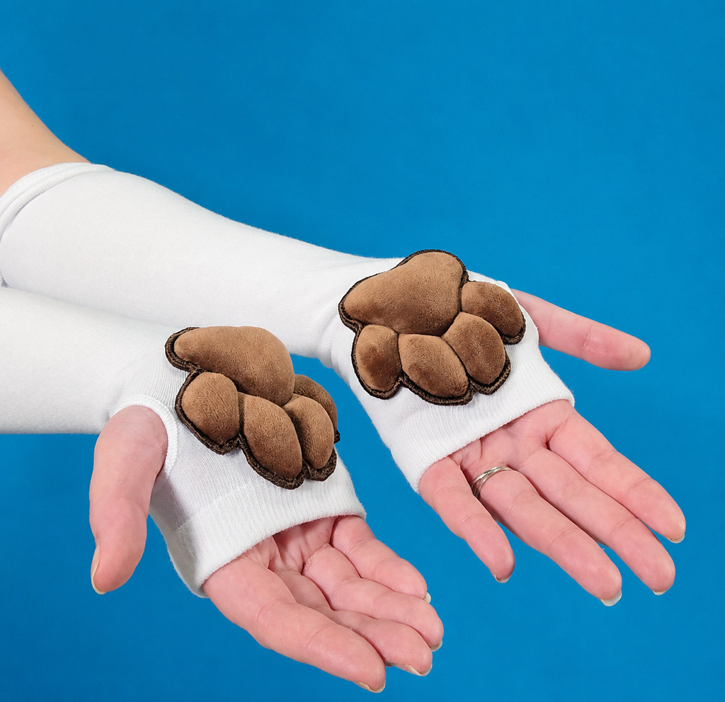 BUNDLE - White Gloves and Thigh High Socks with Brown Plush Bean Cat Paw Pads