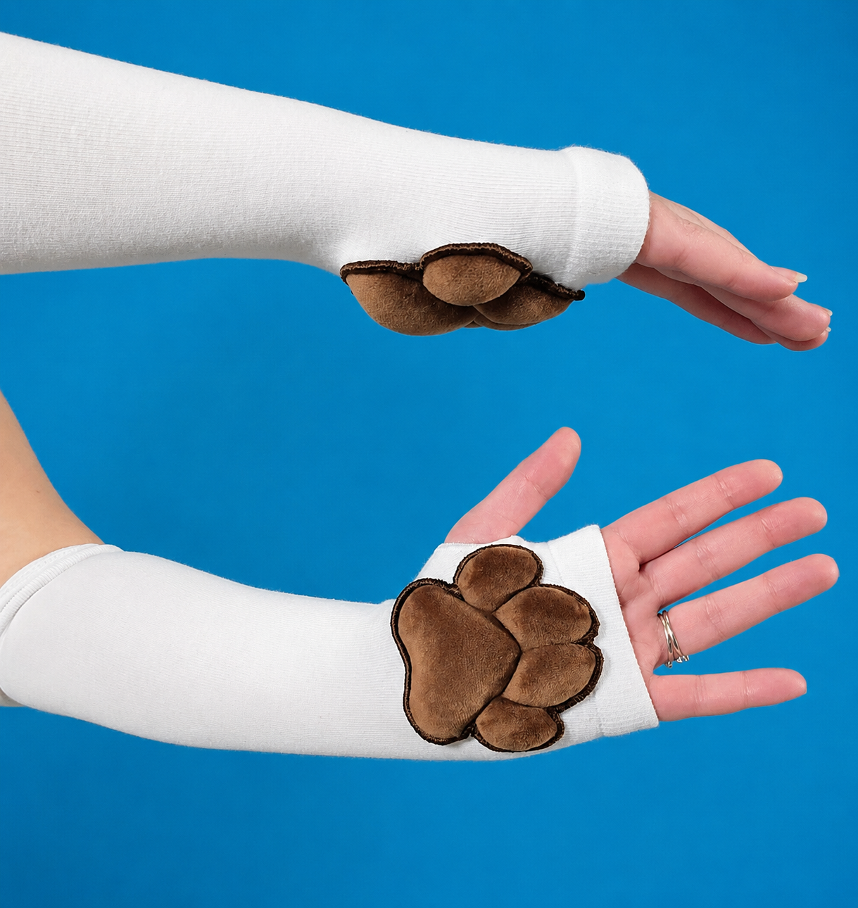 BUNDLE - White Gloves and Thigh High Socks with Brown Plush Bean Cat Paw Pads