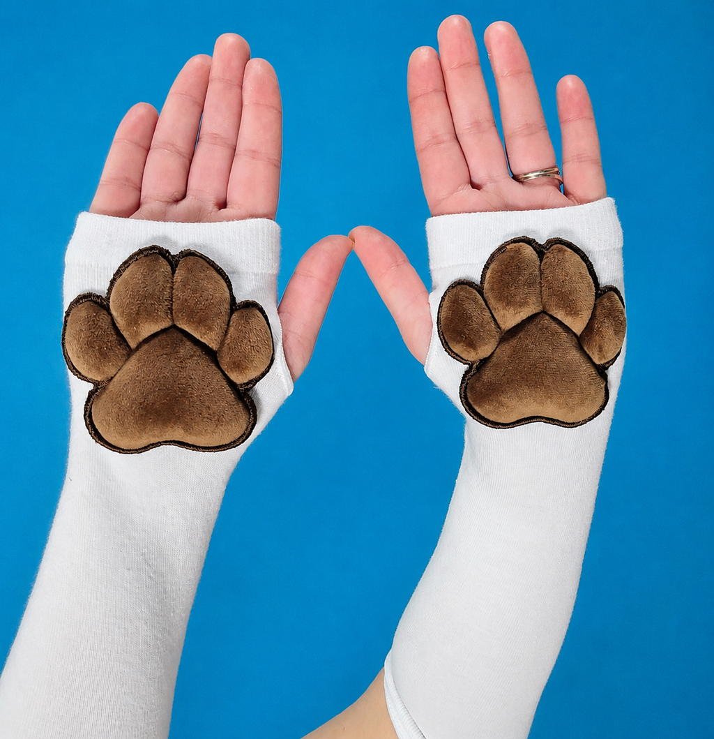 BUNDLE - White Gloves and Thigh High Socks with Brown Plush Bean Cat Paw Pads