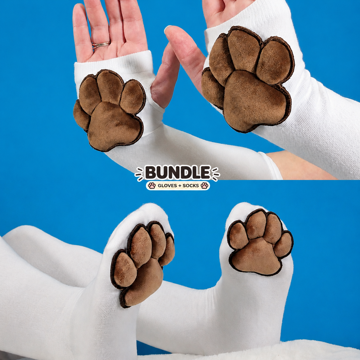 BUNDLE - White Gloves and Thigh High Socks with Brown Plush Bean Cat Paw Pads