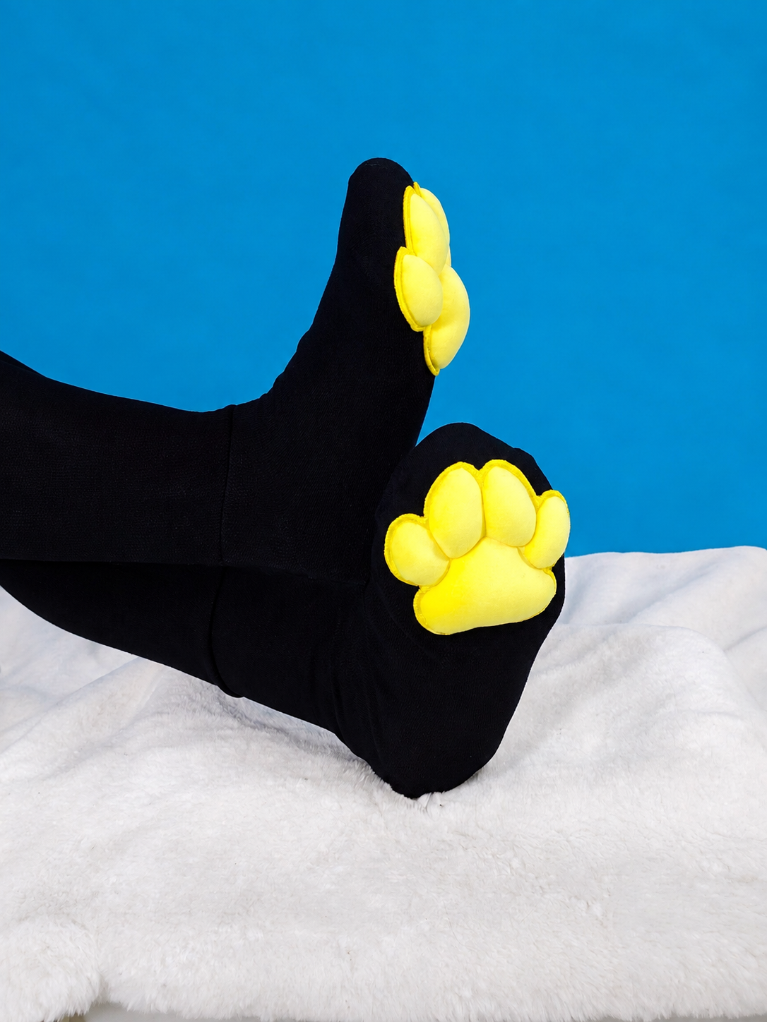 Yellow on Black Mochi Stuffed  Puffy Cat Paw Pad Bean Thigh High Stocking